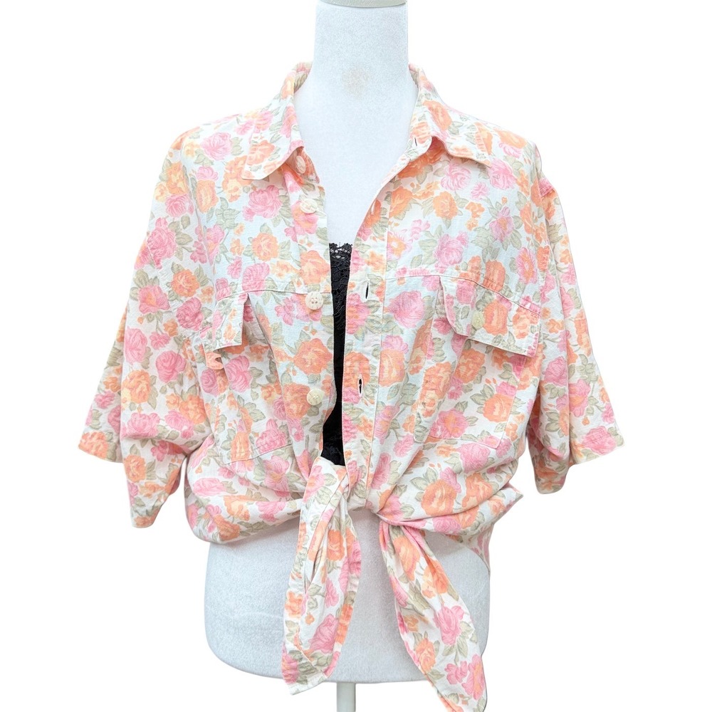 Vintage Jordache 90s Floral Linen Cotton Women Plus 18W Blouse Cottagecore Boho